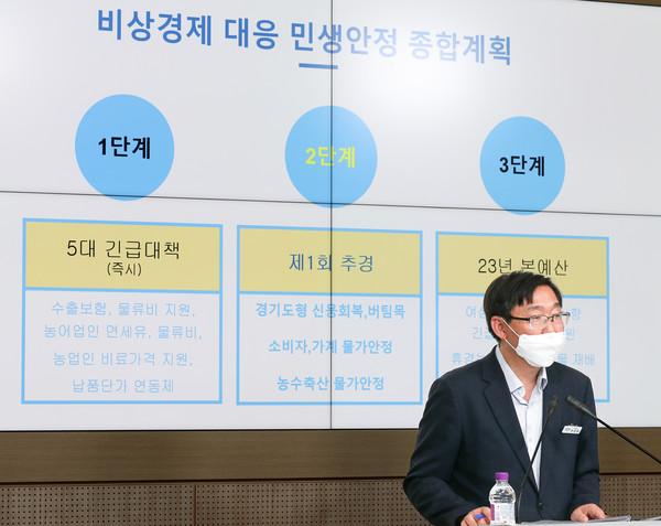 18일 오후 경기도청 브리핑룸에서 류광열 경기도 경제실장이 비상경제 대응 분야 제1회 추경 시행대책 발표 기자회견을 하고 있다. (사진제공=경기도청)