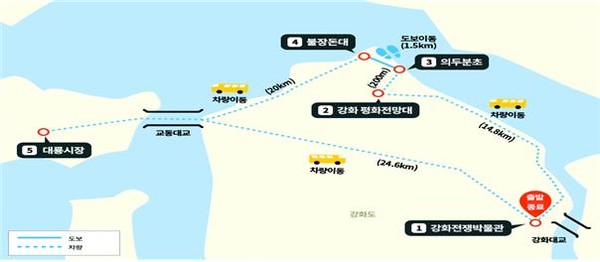 인천시는 9월 16일부터 12월 18일까지 강화군 비무장지대 인근 ‘디엠지(DMZ) 평화의 길’ 강화군 테마노선을 개방한다. 사진은 인천 DMZ 평화의 길 테마노선 운영 노선도. (사진제공=인천시청)