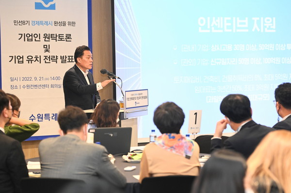 수원시가 21일 수원컨벤션센터 회의실에서 개최한 ‘기업인 원탁토론, 기업 유치 전략발표회’에서 이재준 시장은 ‘기업 유치와 지원 전략’을 발표했다. (사진제공=수원시청)