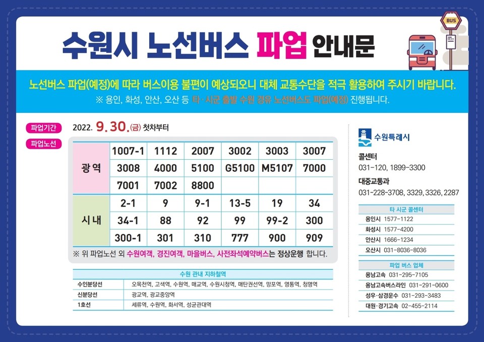 수원시가 주민들에게 버스 파업을 알리기 위해 제작한 안내문. (
