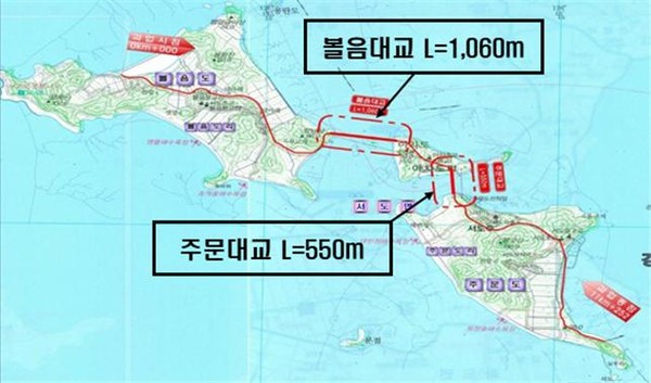인천시는 주문연도교 건설사업이 지난 6월 행정안전부 지방재정중앙투자심사를 통과하고, 올 연말 실시설계에 들어 간다. 사진은 강화 주문~아차도 연결하는 주문연도교 위치도. (사진제공=인천시청)