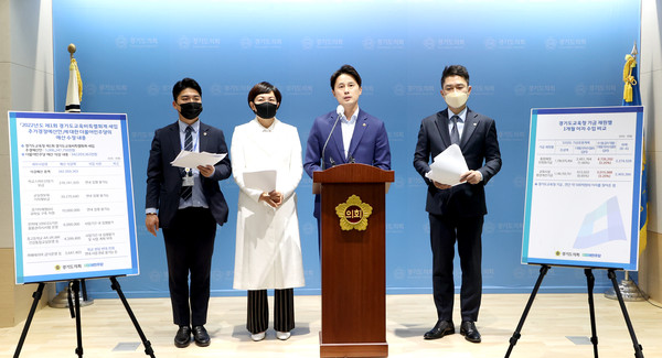 경기도의회 교섭단체 더불어민주당대변인단은 25일 경기도의회 브리핑실에서 민생예산 파행의 진실을 왜곡하는 국민의힘을 규탄하는 성명서를 발표했다. (사진제공=경기도의회)