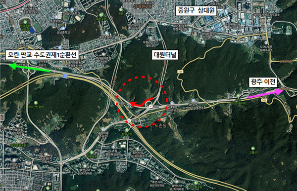 성남시는 중원구 갈현 나들목(IC)에 희망로와 경충대로를 연결하는 500m 길이의 편도 1차로(폭 7.6m) 도로를 신설해 15일 개통한다. (사진제공=성남시청)