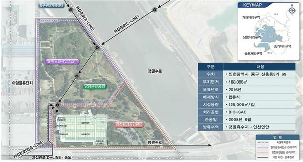 인천시는 대규모 하수도사업인 ‘남항공공하수처리시설 증설 및 개량사업’을 2026년 준공을 목표로 본격 추진하고 있다. 사진은 남항공공하수처리시설 증설 및 개량사업 위치도. (사진제공=인천시청)