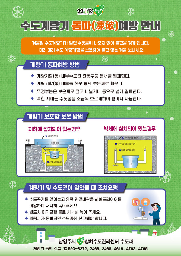 남양주시는 시민들이 겨울철 수도 사용에 불편을 겪지 않도록 ‘동절기 한파 대비 수도 시설 동파 방지 종합 대책’을 추진하고 있는 가운데 동절기 수도 한파 방지를 위해 만전을 기하고 있다. 사진은 수도계량기 동파 예방 안내문. (사진제공=남양주시청)