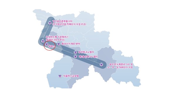 세계적 반도체 기업들이 속속 용인 ‘L자형’ 반도체 벨트에 보금자리를 마련하며 용인의 반도체 생태계가 확장되고 있다. 사진은 용인 L자형 반도체 벨트 세메스 위치도. (사진제공=용인시청)