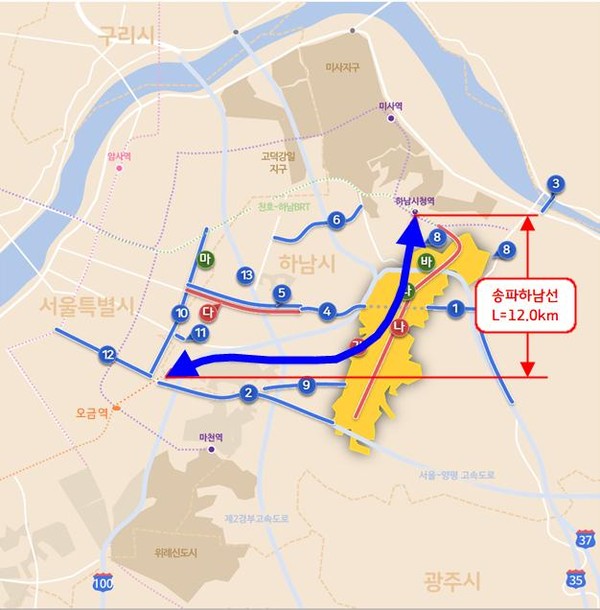 경기도가 3기 신도시인 하남 교산지구와 서울 송파를 잇는 ‘송파하남선 광역철도 사업’의 타당성평가 및 기본계획 수립 용역을 20일 착수한다. 송파하남선 광역철도 노선도. (사진제공=경기도청)