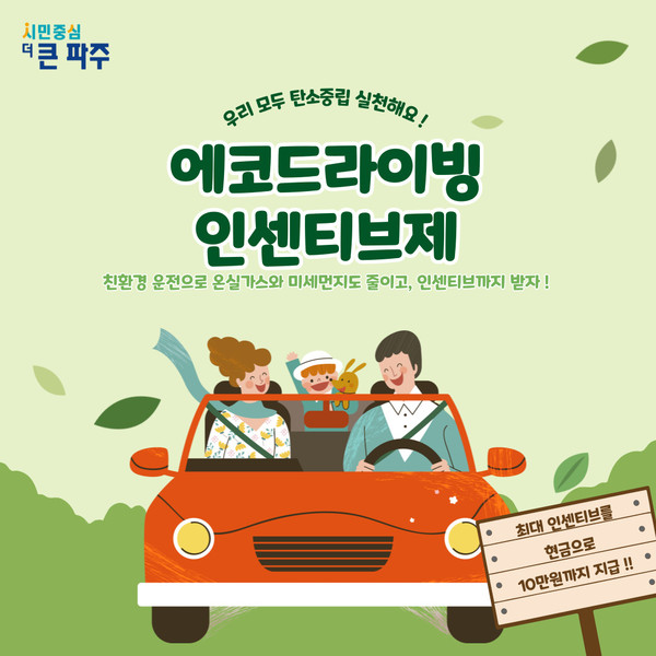 파주시는 온실가스를 줄이고, 탄소중립 생활실천 운동을 확산키 위해 2023년 제1차 에코드라이빙 인센티브제를 시행한 뒤, 내년 1월부터 4월까지 친환경 운전을 실천한 시민에게 최대 10만원의 인센티브를 지급키로 했다. 사진은 에코드라이빙 인센티브제 포스터. (사진제공=파주시청)