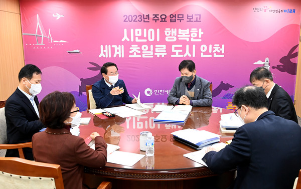 유정복 인천광역시장이 26일 시청 접견실에서 교통건설국 2023년도 주요업무계획을 보고받고 있다. (사진제공=인천시청)