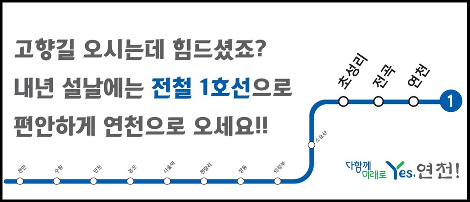 연천군이 이번 민족최대의 설 명절을 맞아 제작한 군정 홍보물 ‘내년 설날엔 전철타고 오세요’가 연천군의 발전을 한 문장에 함축시켰다는 평가와 함께 큰 인기다. 사진은 연천군 홍보물. (사진제공=연천군청)