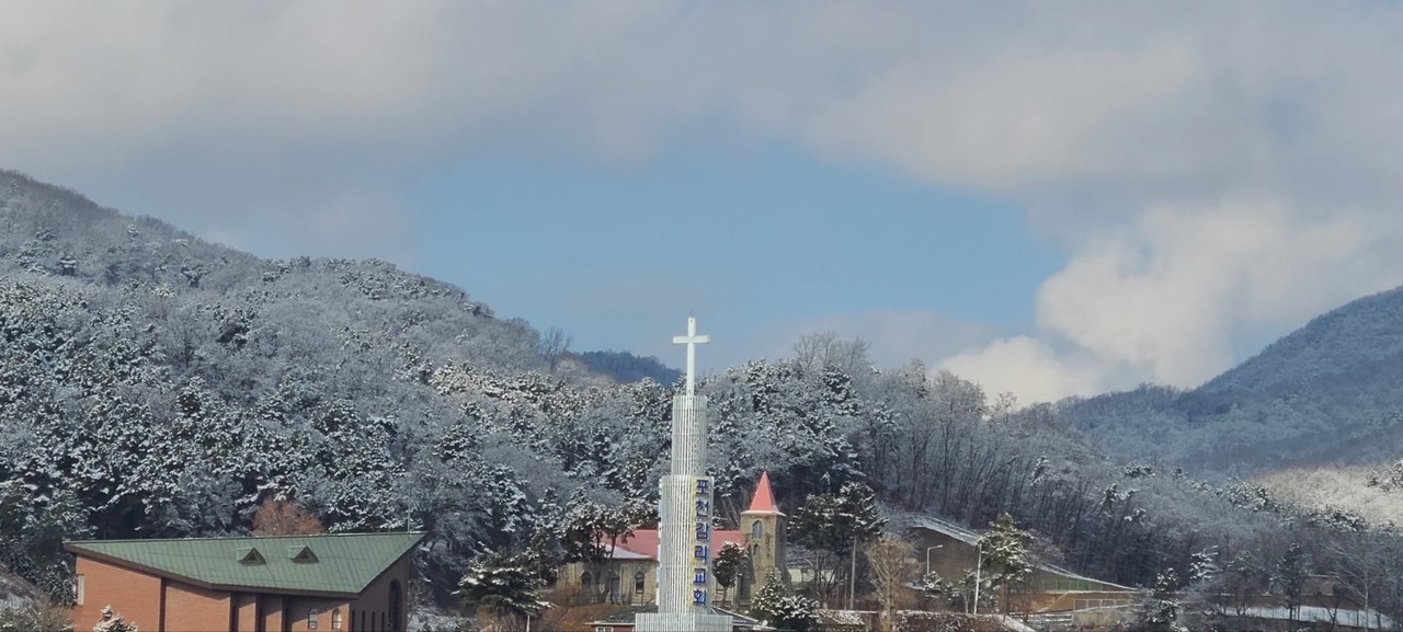 16일 낮 12시50분께 포천시청에서 바라본 왕방산 자락이 영하의 추운 날씨 속에 눈 꽃이 활짝 피어 있다. (사진=김성운 기자)