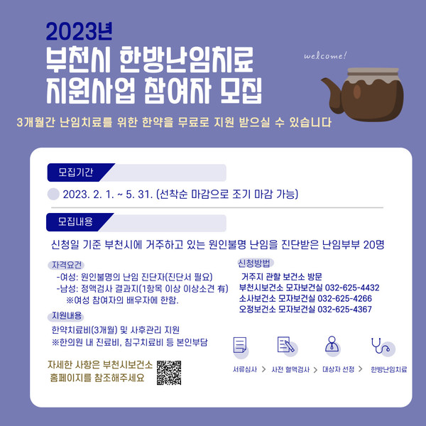 부천시가 난임부부의 경제적 부담을 줄이고 저 출산 문제를 해결하기 위해서 ‘부천시 한방난임치료 지원 사업’ 신규 대상자를 오는 2월부터 5월까지 모집한다고 밝혔다. (사진제공=부천시청)
