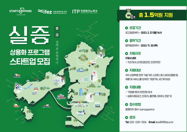 인천경제자유구역청과 인천테크노파크가 올해 ‘실증 상용화 프로그램’에 참여할 스타트업을 오는 27일까지 모집한다. 사진은 실증 상용화 프로그램 참여 모집 포스터. (사진제공=인천경제청)