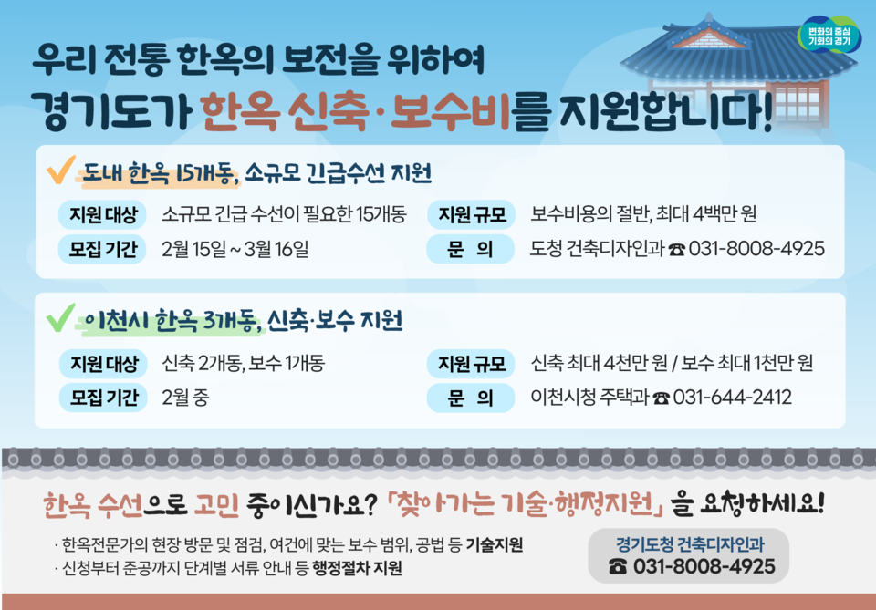 경기도가 올해 우리 전통 한옥의 보전과 멸실 방지 등을 위해 한옥 18개 동에 대한 신축․보수비를 지원한다. (사진제공=경기도청)