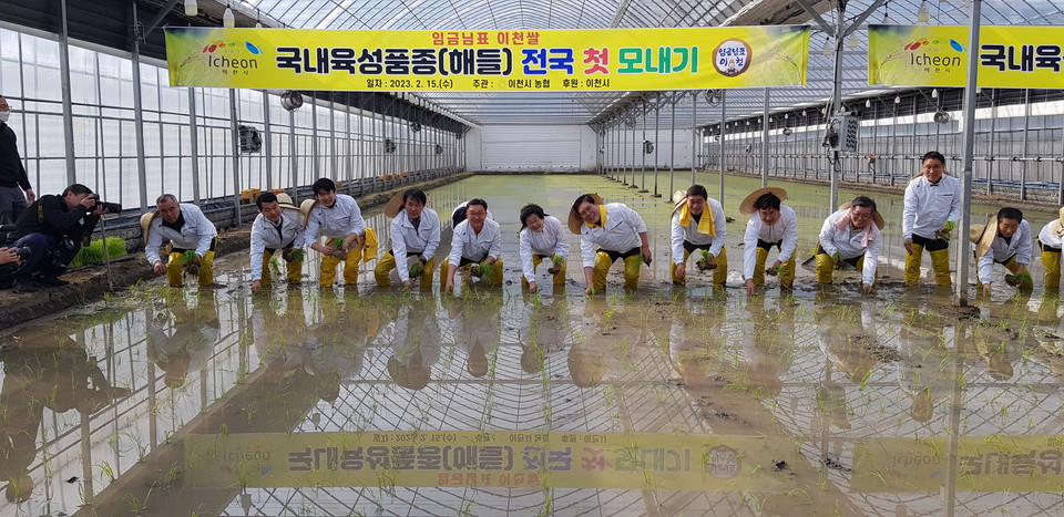 ‘임금님표 이천쌀’ 첫 모내기 행사가 15일 오후 호법면 안평3리 일원 연동된 하우스(990㎡) 안에서 김경희 이천시장을 비롯해 송석준 국회의원, 김하식 시의회의장, 허원 도의원, 권혁준 호법농협조합장, 시의원 등이 참석한 가운데 개최됐다. (사진=송석원 기자)