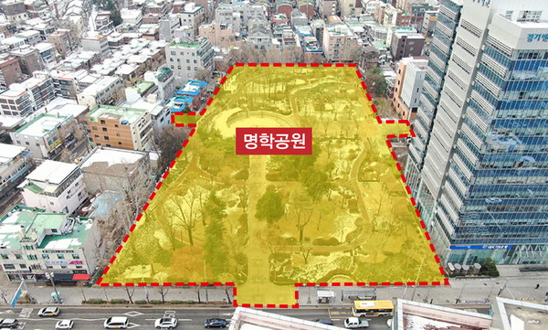 안양시 만안구 안양8동에 있는 명학공원 교통약자 유니버설디자인 사업이 공모에 최종 선정, 사업에 탄력을 받게 됐다. 사진은 명학공원 유니버설디자인사업 위치도. (사진제공=안양시청)