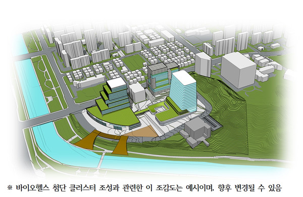 성남시가 오는 2028년 생명과학·의료 관련 연구·개발과 기업 활동, 건강 체험을 한 곳에서 할 수 있는 바이오헬스산업 복합단지를 조성한다. 사진은 미래산업과-바이오헬스 첨단 클러스터 조성과 관련한 조감도. (사진제공=성남시청)