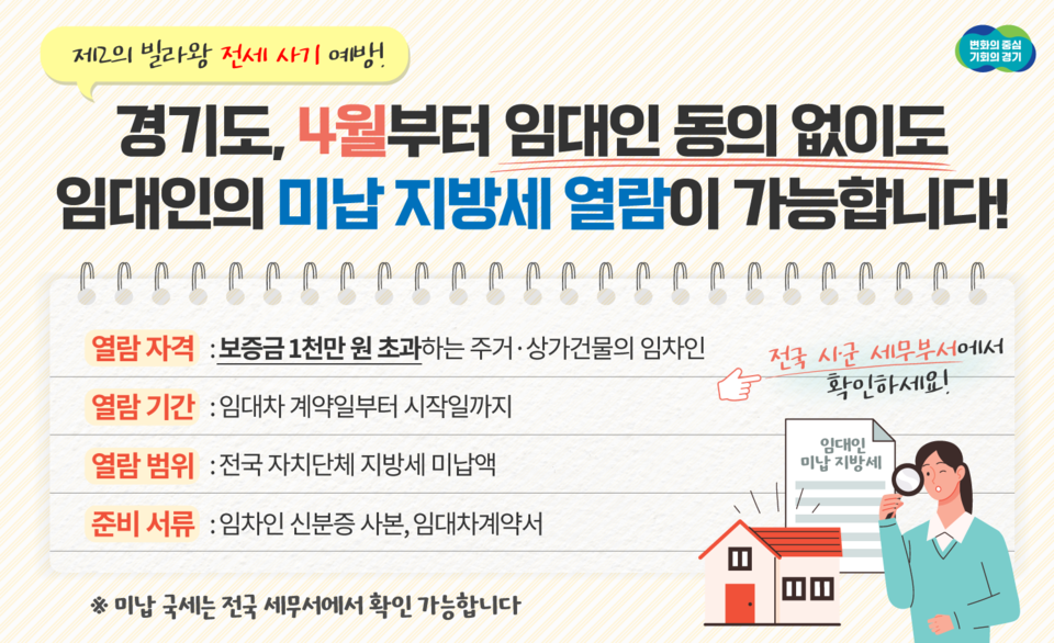 경기도가 최근 사회문제가 된 전·월세 사기를 예방하기 위해 임차인이 임대인 동의 없이도 임대인의 미납 지방세를 열람할 수 있도록 했다. (사진제공=경기도청)