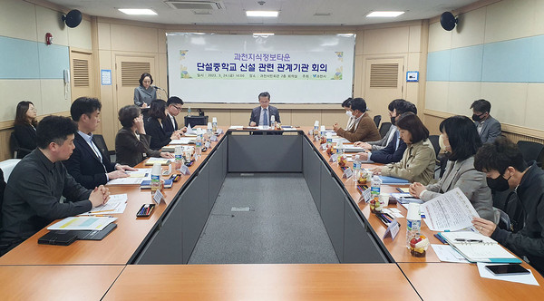 과천시는 3일 과천지식정보타운 내 단설중학교 신설과 관련해 LH와 안양과천교육지원청 등에서 기존 입장 차이를 좁혀, 해결 방안 마련에 진척을 보이고 있다고 밝혔다. 사진은 지난 24일 열린 관계기관 회의 모습. (사진제공=과천시청)