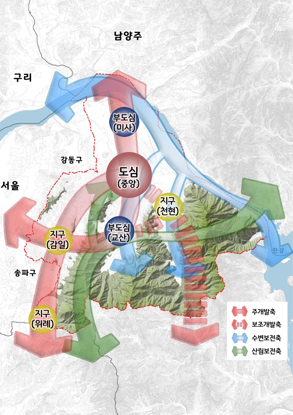 경기도가 하남시가 신청한 ‘2040년 하남 도시기본계획(안)’을 5일 최종 승인했다. 하남시 전체 행정구역(92.99㎢) 가운데 도시발전에 대비한 개발 가용지 5.94㎢는 시가화예정용지로, 시가화가 형성된 기존 개발지 17.80㎢는 시가화용지로, 나머지 69.25㎢는 보전 용지로 토지이용계획을 확정했다. 사진은 하남시 도시공간구상도. (사진제공=경기도청)