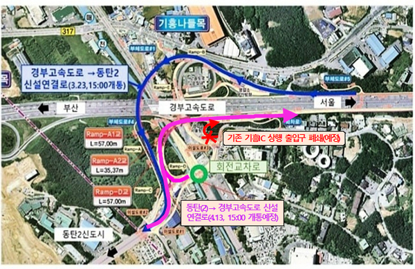 화성시가 13일 오후 3시부터 경부고속도로 기흥나들목 서울 방향 상행 연결램프를 임시 개통한다. 지난달 23일 하행선 진출로 개통 이후 보름 만이다. (사진제공=화성시청)