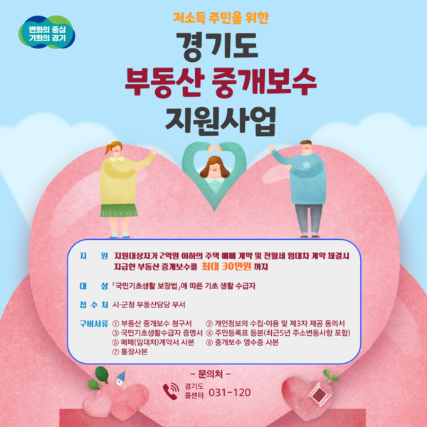 김포시가 저소득 주민을 대상으로 부동산 중개수수료를 최대 30만원까지 지원하는 ‘부동산 중개보수 지원사업’의 신청을 연중 접수하고 있다. 사진은 부동산 중개보수 지원사업 홍보 포스터. (사진제공=김포시청)