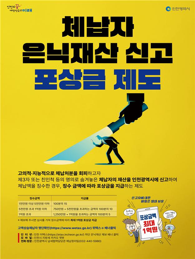 인천광역시가 지방세 체납자의 은닉재산 정보를 제보한 시민에게 최대 1억원의 포상금을 지급한다. 사진은 지방세 포상금 지급 홍보물. (사진제공=인천시청)