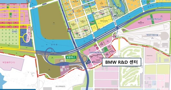 인천경제자유구역청이 최근 독일 BMW의 자회사인 BMW코리아가 청라국제도시 내 BMW 연구개발(R&D) 센터 공사에 본격 착수했다. 사진은 BMW R&D 센터 위치도. (사진제공=인청경제청)