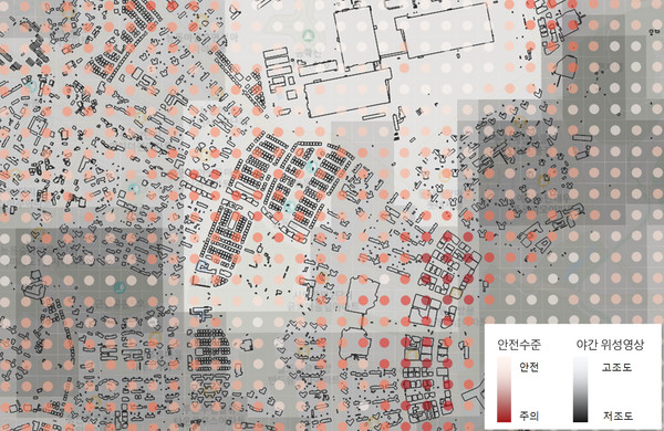 화성시가 범죄예방 시설물을 보다 효과적으로 설치하는 데 활용될 데이터분석 모델을 개발완료했다고 17일 밝혔다. 사진은 구역별 안전수준과 위성 이미지 조도 결합 자료. (사진제공=화성시청)