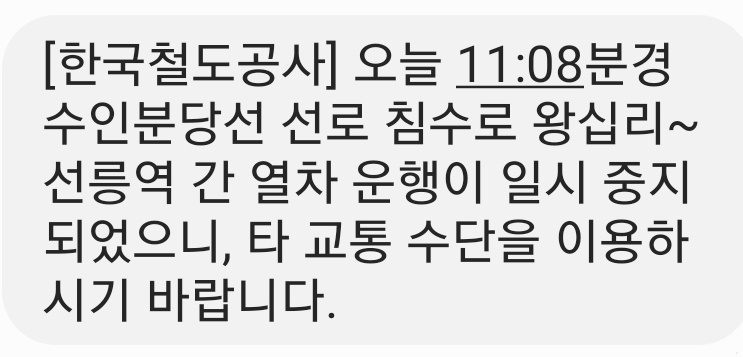 수인분당선 일부 구간이 침수돼 왕십리~선릉역 간 양방면 열차 운행이 일시 중지됐다. (사진=안전 안내문자 캡처)