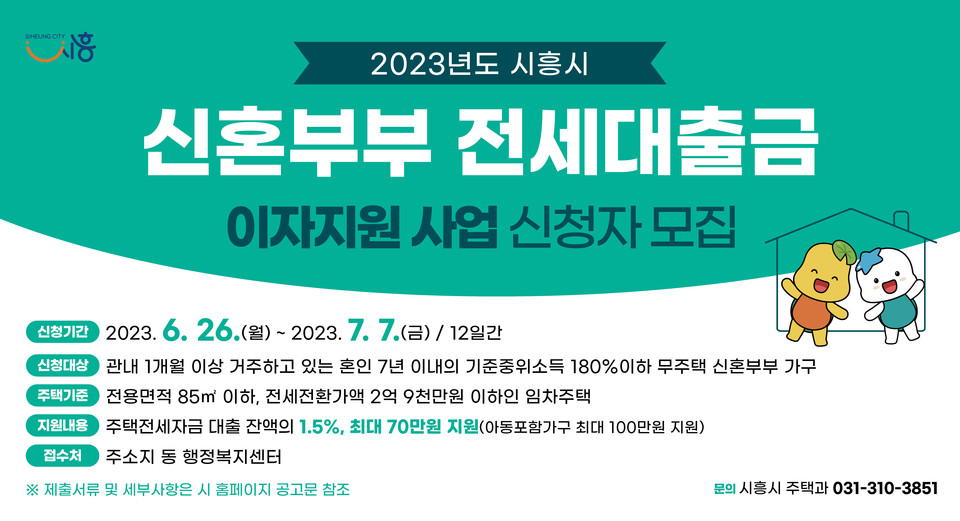 시흥시가 신혼부부 가구를 대상으로 하는 ‘2023 신혼부부 전세대출금 이자지원 사업’을 시행한다. 지난해 264가구에서 총 2억5천여만 원의 혜택을 본 것으로 알려졌다. 사진은 이자지원사업 홍보물. (사진제공=시흥시청)