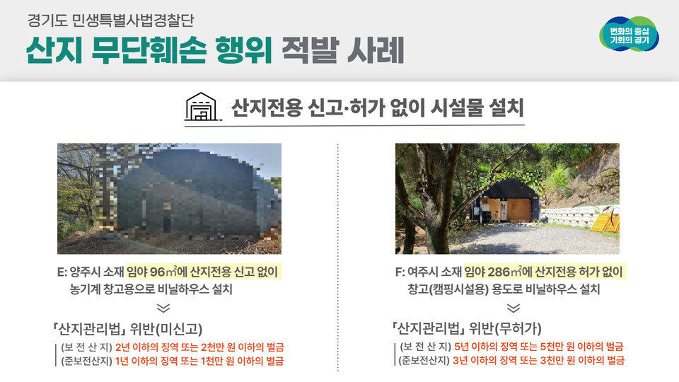 지목이 임야인 산지를 허가 없이 형질을 무단 변경하고, 시설물을 설치한 불법행위자들이 경기도 민생특별사법경찰단에 무더기로 적발했다. 이들이 자연생태계 및 산지 경관을 훼손한 면적은 총 1만1050㎡로 축구장 면적의 약 1.5배에 이르는 것으로 조사됐다. (사진제공=경기도청)