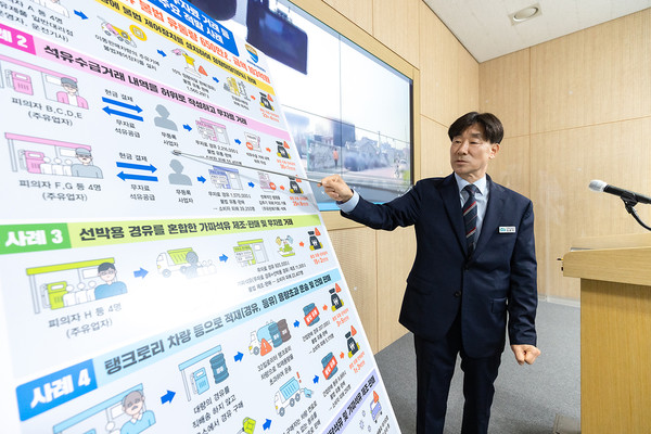 8일 오전 경기도청 브리핑룸에서 김광덕 공정특사경단장이 가짜석유 등 불법 석유유통 수사결과를 브리핑하고 있다. (사진제공=경기도청)
