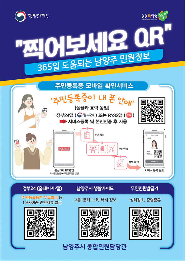 남양주시가 2023년 시민 편의 향상을 위한 민원 시책의 일환으로, 365일 시민들의 실생활에 도움이 되는 민원 정보를 ‘통합 QR 홍보물’로 제작해 지역 내 아파트 및 마을 게시판, 행정복지센터, 도서관, 체육문화센터 등에 배포한다. 사진은 '통합 QR 홍보물' 포스터. (사진제공=남양주시)