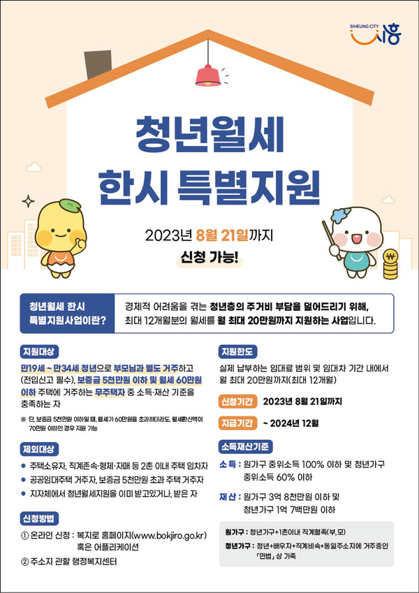시흥시가 저소득 청년층에게 최대 1년간 월 최대 20만원의 임차료를 지원하는 청년 월세 한시 특별지원사업의 신청을 오는 8월 21일까지 접수받는다고 밝혔다. (사진제공=시흥시청)