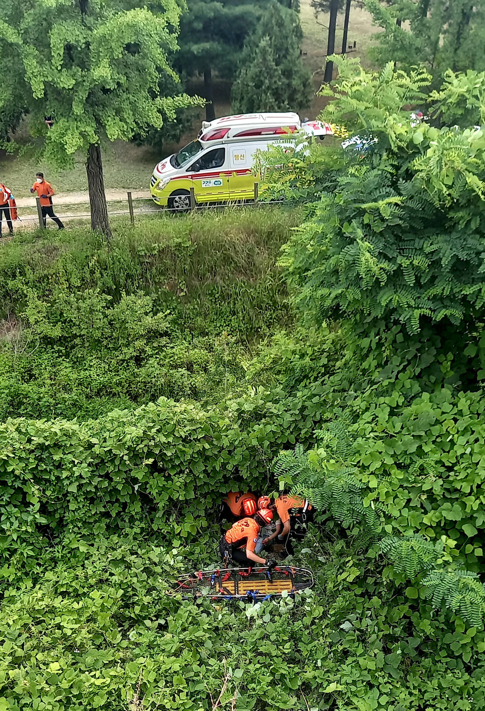 19일 오후 3시27분께 고양시 덕양구 덕양동 서울문산고속도로 남고양 IC 인근에서 자유로 가양대교 방향으로 달리던 차량이 가드레일을 들이받으면서 불이 났다. 이 사고로 20대 운전자 A씨가 2도 화상을 입어 인근 병원으로 옮겨져 치료 중이다. A씨는 차량이 있던 지점 도로 아래 약 20미터 지점에서 발견해 소방당국이 구조했다. (사진제공=경기도소방재난본부)