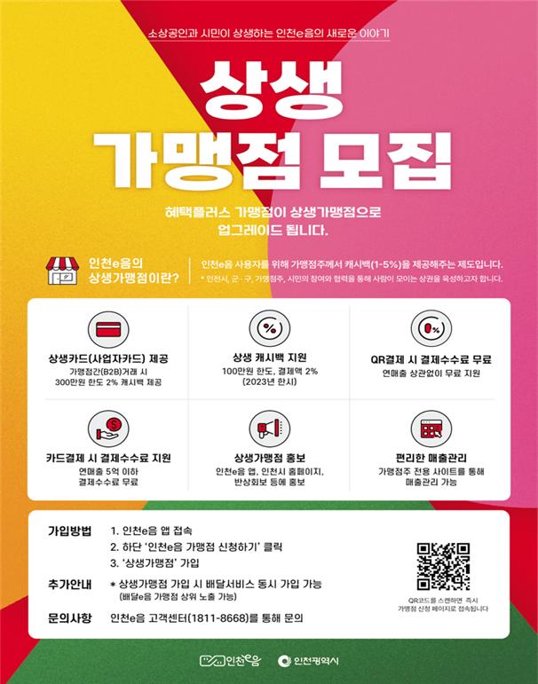 인천광역시가 인천사랑상품권의 장기적 자생방안 마련을 위해 ‘상생가맹점’을 상시 모집하고 있다. 사진은 ‘상생가맹점’ 상시 모집 홍보 포스터. (사진제공=인천시청)
