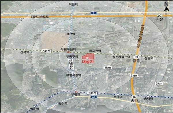인천시가 부평구 굴포천역 남측 역세권에 2031년 입주를 목표로 약 2530호의 공공주택을 공급한다. 사진은 부평구 부평동 895-2번지 일원 위치도. (사진제공=인천시청)