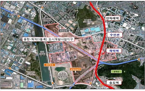 용현·학익 도시개발사업 입주민들의 교통편의를 위한 수인선 학익역(가칭) 신설사업이 사업비 등이 납부 완료됨에 따라 사업 추진에도 속도가 붙게 됐다. 사진은 수인선 학익역(가칭) 신설사업 위치도. (사진제공=인천시청)