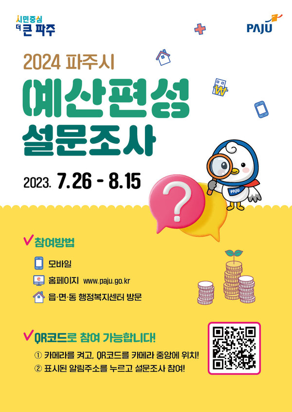 파주시rk 내년도 예산편성을 앞두고 원활한 재정운용 방향 및 예산 배분의 우선 순위 등을 결정키 위해 8월 15일까지 주민들을 대상으로 한 설문조사에 착수했다. (사진제공=파주시청)