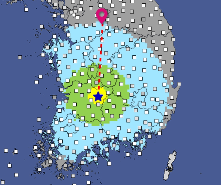 전북 장수군 북쪽 18㎞지점서 리히터 규모 4.1의 지진이 발생했다. 사진은 지진 발생 위치도. (사진제공=기상청)