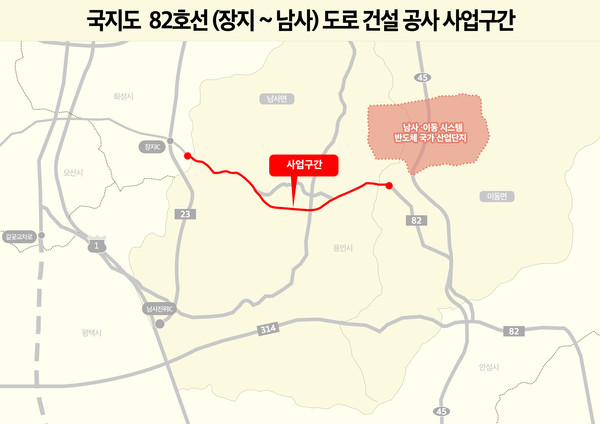 용인특례시는 기획재정부에 ‘국지도 82호선(장지~남사) 도로 건설공사’ 사업과 관련, 예비 타당성 재조사 면제를 요구한 것이, 관철돼, 신속한 사업 추진이 이뤄지게 됐다고 고 밝혔다. 국지도 82호선(장지_남사) 도로 건설공사 사업구간 위치도. (사진제공=용인시청)