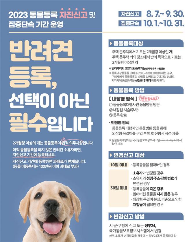 인천광역시가 반려견 등록을 활성화하고 등록 정보를 현행화하기 위해 내달 30일까지 ‘반려견 등록 자진신고 기간’을 운영한다. 사진은 반려견 등록 자진신고 기간 운영 홍보물. (사진제공=인천시청)