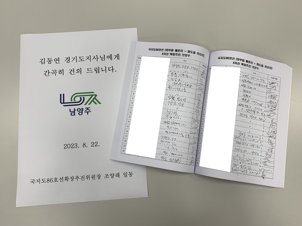 남양주시 와부읍 국지도86호선 확장추진위원회가 주민 연명을 받아 경기도에 전달한 국지도86호선 확장추진 건의서와 연명부.(사진제공=남양주시 와부읍 국지도86호선 확장추진위원회)