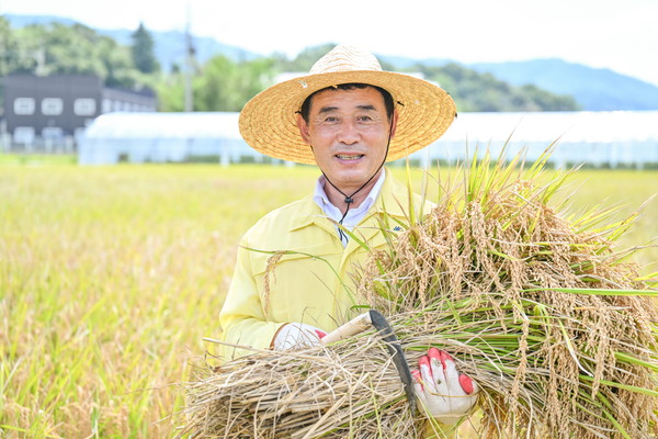 포천시가 6일 군내면 유교리 소재 농가에서 벼베기 행사를 진행했다. 사진은 백영현 포천시장. (사진제공=포천시청)