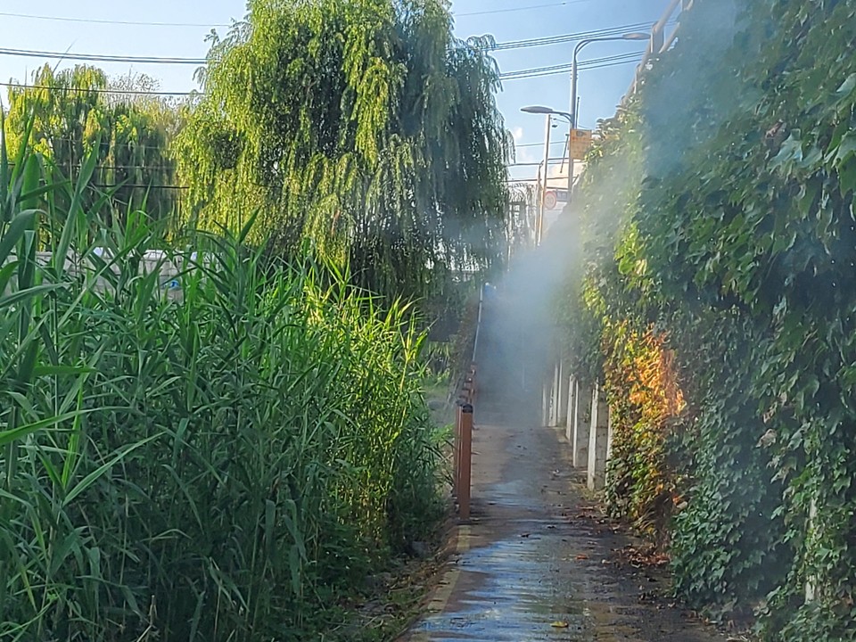 7일 오후 수원시 팔달구 수원천에 설치된 쿨링포크가 산책 나온 시민들의 더위를 식혀주고 있다. (사진=권영복 기자)