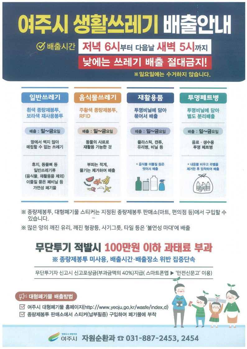 여주시가 도시 미관을 저해하는 생활 쓰레기 무단투기 행위 근절 및 청정한 여주시 환경 조성을 위해, 이달부터 생활 쓰레기 무단투기 야간 집중 단속에 나선다고 밝혔다. (사진제공=여주시청)