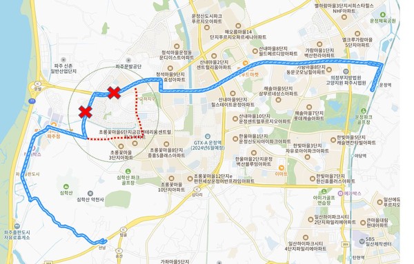 사진은 ‘마을버스 074번’ 노선변경(전후) 안내도. (사진제공=파주시청)