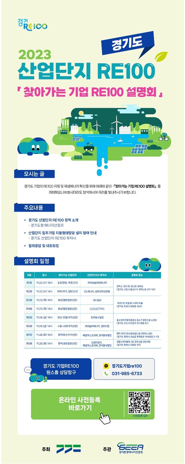 경기도가 ‘산업단지 RE100’ 사업을 홍보하고 참여기업을 모집하기 위해 22일부터 ‘찾아가는 기업 RE100 설명회’를 연다. 사진은 '찾아가는 기업 RE100 설명회' 홍보 포스터. (사진제공=경기도청)