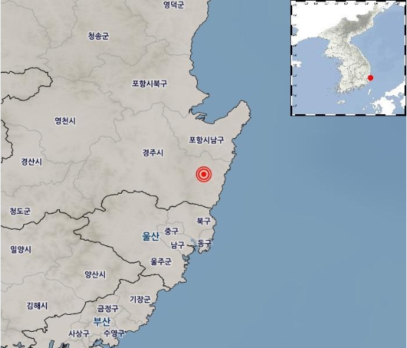 30일 오전 4시55분 24초께 긴급재난문자를 통해 경북 경주시 동남동쪽 19km 지점에서 리히터 4.0 규모의 지진이 발생했다. 사진은 지진 발생 위치도. (사진제공=기상청)